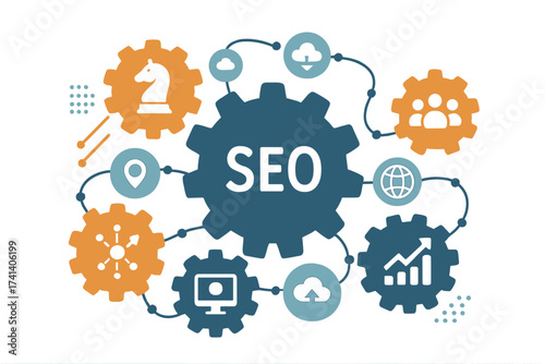 SEO concept with integrated gears and icons for digital strategy, internet network, analytics, social media, global connection, marketing, and online business optimization
