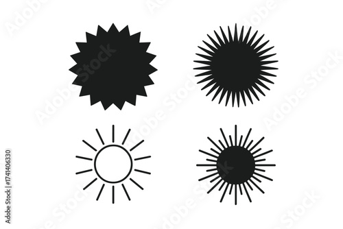 Set of vector sunburst and starburst badges with vintage style icons and stickers, simple flat black sun shapes and rays, isolated on white background, editable vector illustration