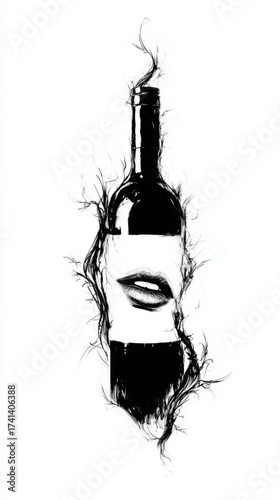 Stylized wine bottle artwork, black and white, representing temptation and celebration, with copy space