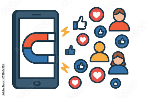 Social media marketing concept with magnet attracting followers and likes, influence marketing, viral advertising campaign, audience engagement and retention strategy on mobile