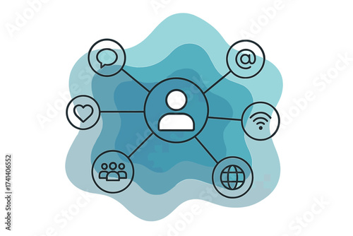 Social media connection concept with user network icons, digital communication, global internet technology, online interaction, wireless network, chat, email, social network communication background
