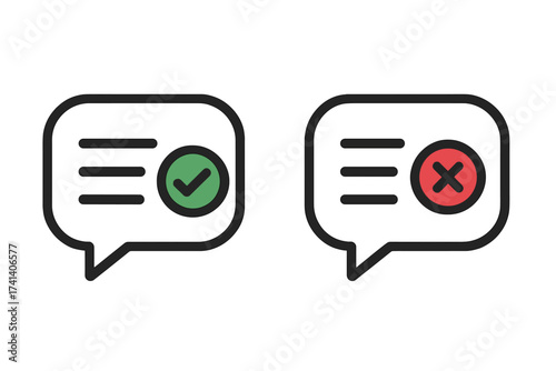 Speech bubbles with checkmark and cross symbols, dos and don'ts icons, checklist concept, approval and rejection signs, evaluation quiz marks, simple modern flat design