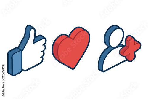 Social network rating icons isometric set with thumbs up, heart symbol, and new follower profile. Flat design vector illustration for social media interaction and engagement visuals