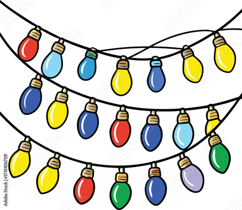 Festive Holiday Lights Garland with Colorful Bulbs Hanging on Black Cords for Christmas Cheer