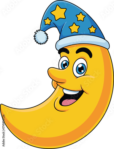 Smiling crescent moon, star night, cartoon character, bedtime illustration, vector design, sleep hat, playful, cheerful, celestial, dreamy mascot