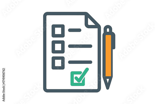 Survey form icon with checklist and pen, flat style illustration of successful exam results, quiz paper sheet, interview assessment, passed questionnaire concept, isolated on white background