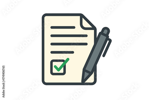 Survey form icon with pen and green checkmark, flat style paper sheet with exam results, quiz form, interview assessment, passed questionnaire, validation concept