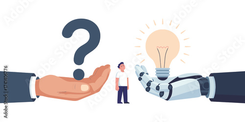 human hand holding a question mark and a robotic hand holding a glowing light bulb.