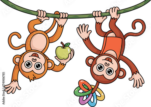Two cartoon monkeys hanging from branch, playful scene, cute animals, fruit hold, vector illustration, children jungle art, stock image design