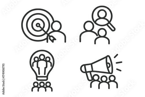 Target market concept icon set, audience engagement, focus group analysis, crowdsourcing and crowdfunding ideas, public relations strategy, vector illustration line art