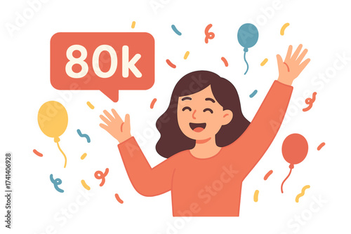 Thank you 80k followers celebration, happy blogger rejoices milestone, social media growth success, subscriber thank you card, confetti and balloons vector illustration