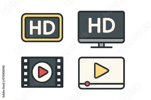High Definition HD Video Quality Icons Set, Flat Design Vector Illustration for Movie, Film, Streaming, Playback, Transparent Background