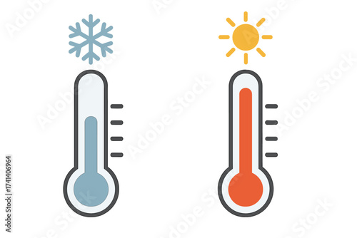 Thermometer cold and heat with winter snowflake and summer sun icons, temperature scale vector illustration, flat design with transparent background for weather concept