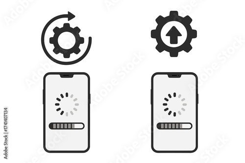 System software update and upgrade concept, mobile device loading screen showing process progress bar, circular loading animation, vector illustration with transparent background