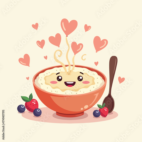 Flat solid color vector of cozy porridge bowls with fruit, honey drizzle, cinnamon sticks, and playful cartoon elements, warm morning breakfast scene, perfect for World Porridge Day design