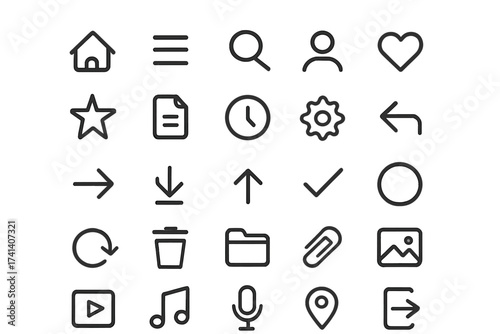 Universal Web Icons Set for Mobile and UI Design, Basic User Interface Elements Vector Illustration, Transparent Background Icon Collection for Apps and Websites