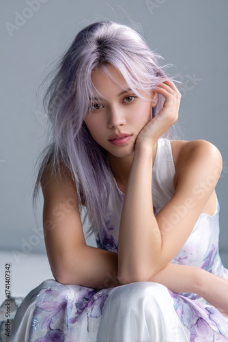 A woman with purple hair is sitting on a bed and looking at the camera