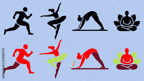 Dynamic silhouettes showcasing running, ballet, yoga, and meditation poses, presented in both black and vibrant red color schemes.