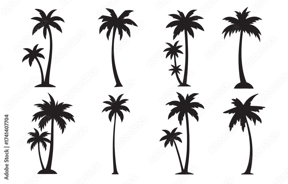 Fototapeta premium palm tree silhouettes. Silhouette of tropical palm trees isolated on white background, a vector illustration showcasing various shapes and sizes of palm trees in black silhouette