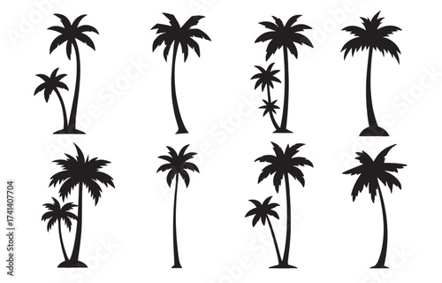 palm tree silhouettes. Silhouette of tropical palm trees isolated on white background, a vector illustration showcasing various shapes and sizes of palm trees in black silhouette