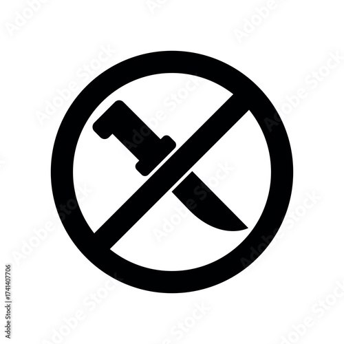 Icon of a knife with a strikethrough in a red circle. An attribute of the kitchen, a chef, or a butcher. A bladed weapon, military combat ammunition. A hunter's or killer's tool.