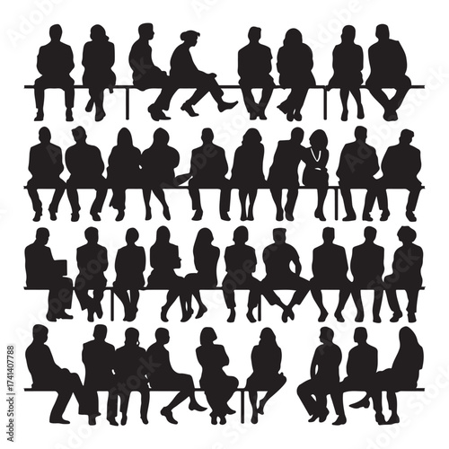 Sitting people silhouette Vector collection in PNG with black silhouettes of men and women, and teenagers sitting on a bench or chair, a business group in profile view, isolated on a white background.