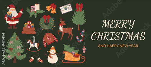 Merry Christmas and Happy New Year banner. Traditional winter elements for holidays. New Year and Christmas decorations. Colored flat vector illustrations.