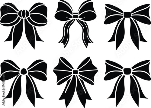 Collection of six different decorative bow silhouettes isolated on white background