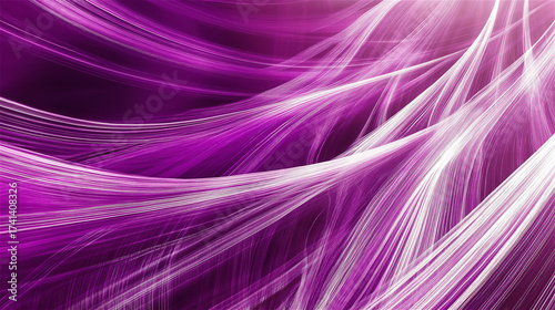 Abstract purple and white flowing lines creating dynamic wave pattern. Elegant curved light streaks on dark background with smooth gradients offering modern design element with copy space.