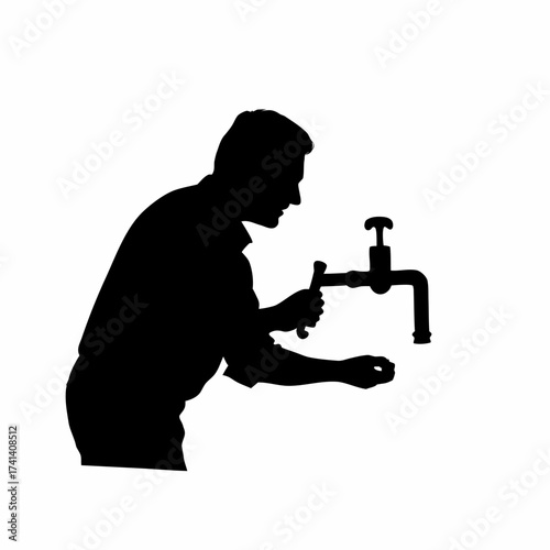 Man fixing faucet with wrench silhouette isolated on white background