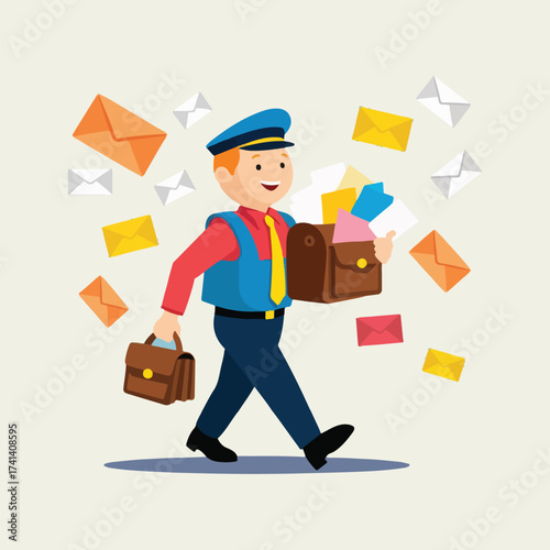 Flat vector illustration celebrating World Post Day with letters, postcards, postmarks, mail delivery scenes, and postal icons in bright solid colors, minimal geometric style.