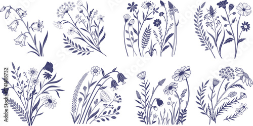 Elegant floral line art collection with wildflowers, leaves, and garden plants in detailed monochrome style. Perfect for botanical prints, stationery, and decorative design. Ideal for patterns, 