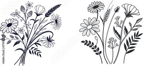 Hand-drawn wildflower bouquet line art with delicate blossoms, petals, and leaves. Botanical floral illustration in minimal monochrome style. Elegant vector design for nature, decor, and creative 