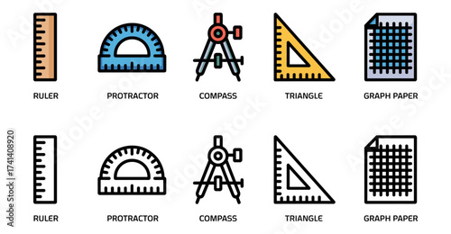technical and drafting tools icon set with ruler, protractor, compass, triangle and graph paper symbols, vector illustrations for geometry and technical drawing