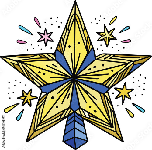 Whimsical Golden Star Ornament with Colorful Starbursts A Festive and Decorative Holiday Season Illustration
