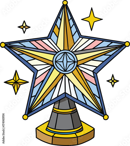 Stained Glass Christmas Tree Topper Illustration with Ornate Star Design and Geometric Patterns for Holiday Decor