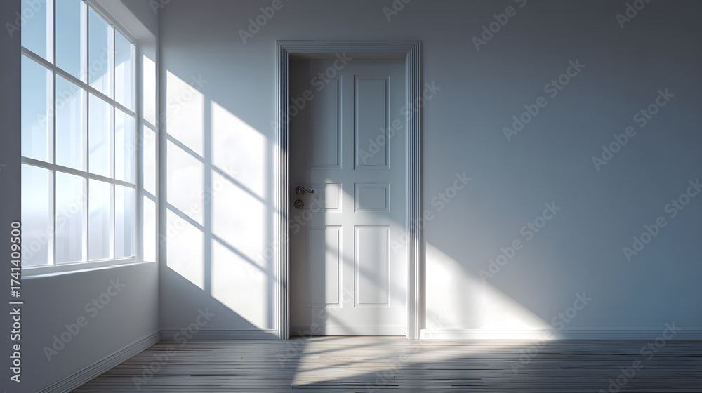Obraz premium Empty room with bright sunlight creating window shadows