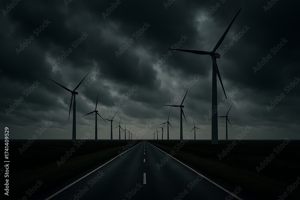 Obraz premium Wind Turbines on a Dark Road Under a Stormy Sky through empty