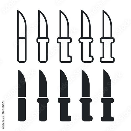 Knife icon set. An attribute of the kitchen, a chef, or a butcher. A bladed weapon, military combat ammunition. A hunter's or killer's tool.