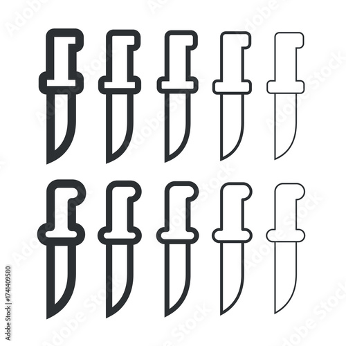 Knife icon set. An attribute of the kitchen, a chef, or a butcher. A bladed weapon, military combat ammunition. A hunter's or killer's tool.