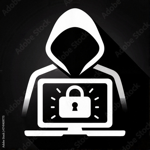 Hacker silhouette with laptop and lock symbolizing digital security threats in cybersecurity concept