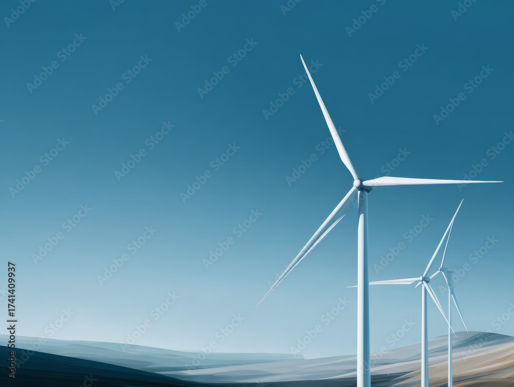 Obraz premium Green energy wind power generation turbines against blue sky background in minimalist style, renewable electricity production with wind farms, sustainable clean energy landscape with modern windmills