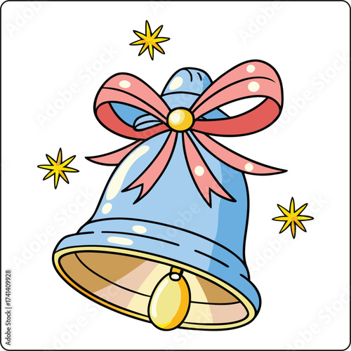 Festive Christmas Bell Illustration Adorned with a Pretty Pink Bow and Sparkling Yellow Stars Bringing Holiday Cheer