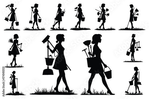 Black silhouette women with cleaning tools and buckets