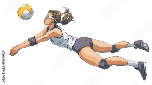 Dynamic Cartoon Volleyball Player Girl Jumping and Serving - Vector Illustration