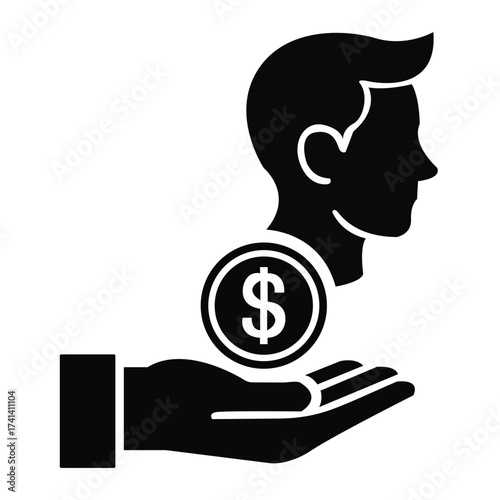 A powerful black silhouette icon representing compensation, profit, or payment for a service rendered by an individual.