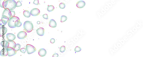 Transparent soap foam balls flying in air iridescent spheres background. Vector realistic soap bubbles