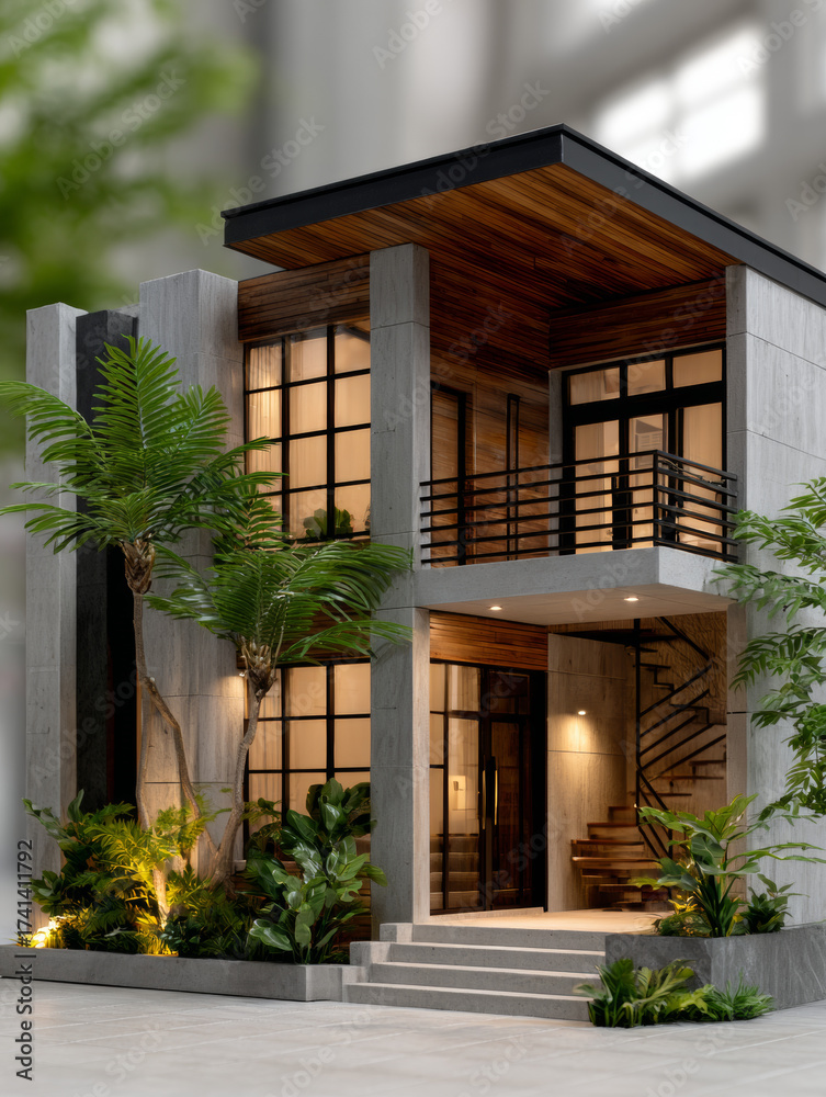Fototapeta premium Highly detailed three-story modern villa model with black tiled roof and light-colored warm exterior walls, furnished interior showing bedrooms living room with sofas and coffee tables