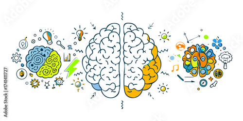 Left right human brain concept. Creative part and logic part with social and business doodle.vector icon
