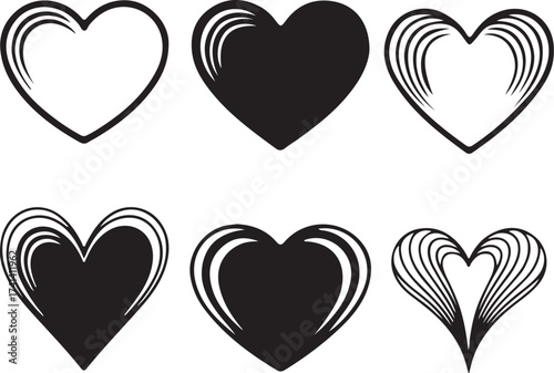 Collection of six stylized heart illustrations in black and white.